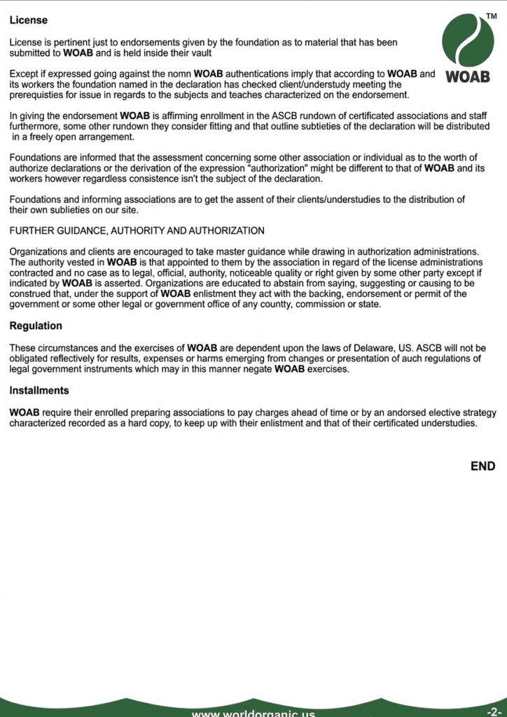 An official document on a clean background, showing a formal license agreement with headers and text paragraphs. The top-right corner features the green leaf and "WOAB" logo, and the footer has a green-tinted decorative border with the website "www.worldorganic.us" and the page number "-2-".