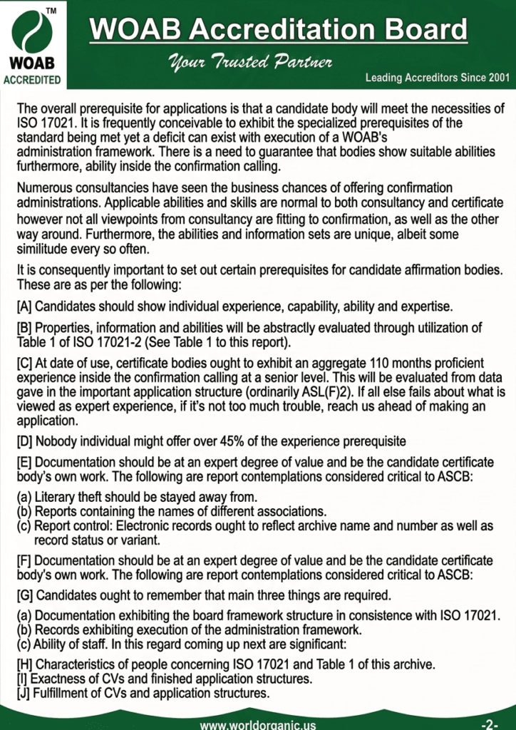 A scanned document page with a green header reading "WOAB Accreditation Board" and "Your Trusted Partner," detailing prerequisites and clauses A through J for candidate affirmation bodies.