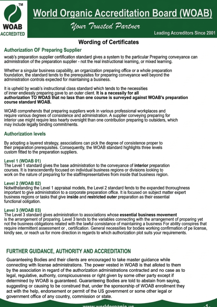 An image of a formal accreditation document page, now with a dark green header featuring the World Organic Accreditation Board (WOAB) logo and name, replacing the previous UKJAS branding. The entire document content has been updated to cover 'Wording of Certificates', with sections including INTRODUCTION, CERTIFICATE INFORMATION (featuring a detailed bulleted list), and FURTHER GUIDANCE, AUTHORITY AND ACCREDITATION. The footer wave pattern has been changed to green, and the website address is updated to www.worldorganic.us.