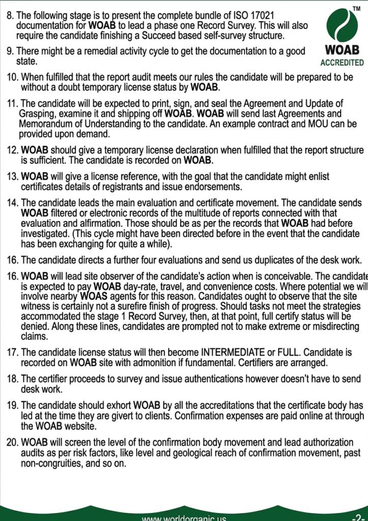 A continuation page of a formal document from the World Organic Accreditation Board detailing numbered steps 8 through 20 for the ISO 17021 accreditation process, with a WOAB logo in the top-right corner.