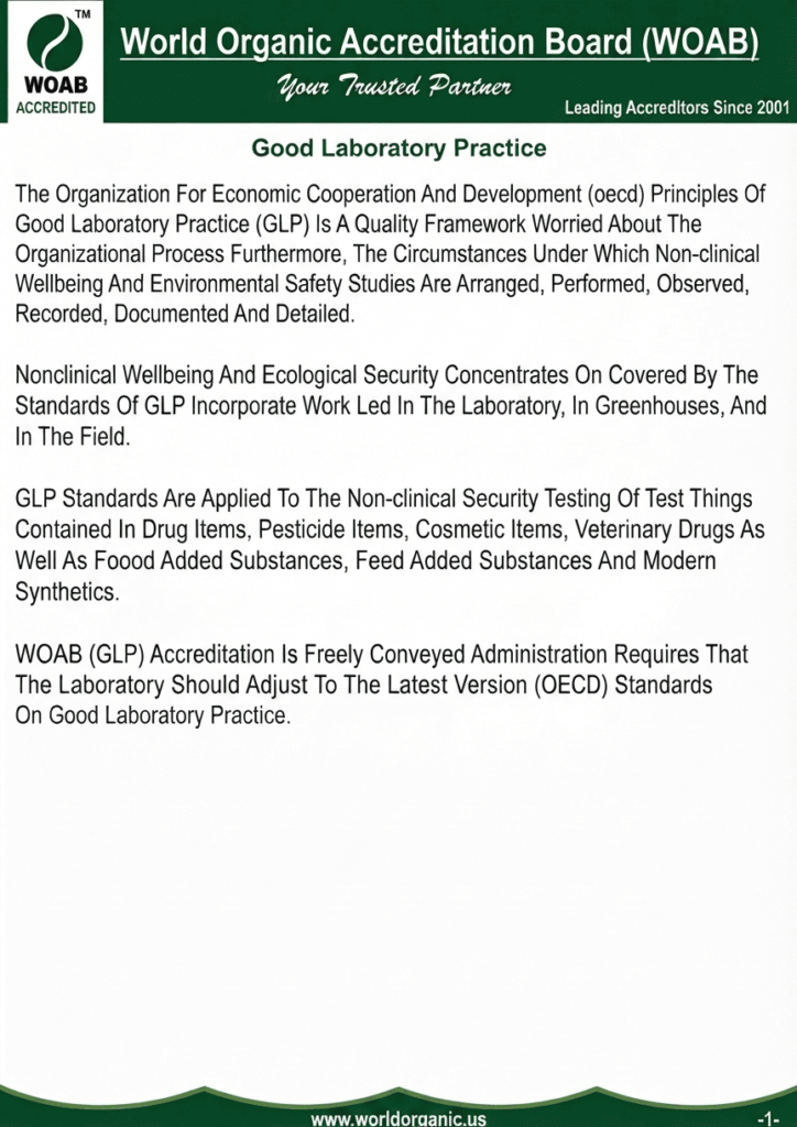 Official WOAB accreditation brochure detailing the standards and requirements for Good Laboratory Practice (GLP).