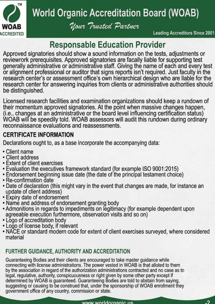 Logo and title for World Organic Accreditation Board (WOAB), displaying 'Responsible Education Provider' and detailed certification information, with the website www.worldorganic.us at the bottom