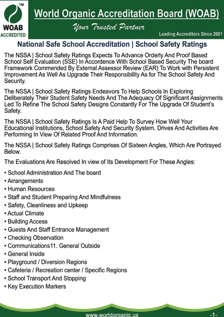 A document page titled "National Safe School Accreditation | School Safety Ratings" featuring the "World Organic Accreditation Board (WOAB)" logo and branding at the top and bottom.
