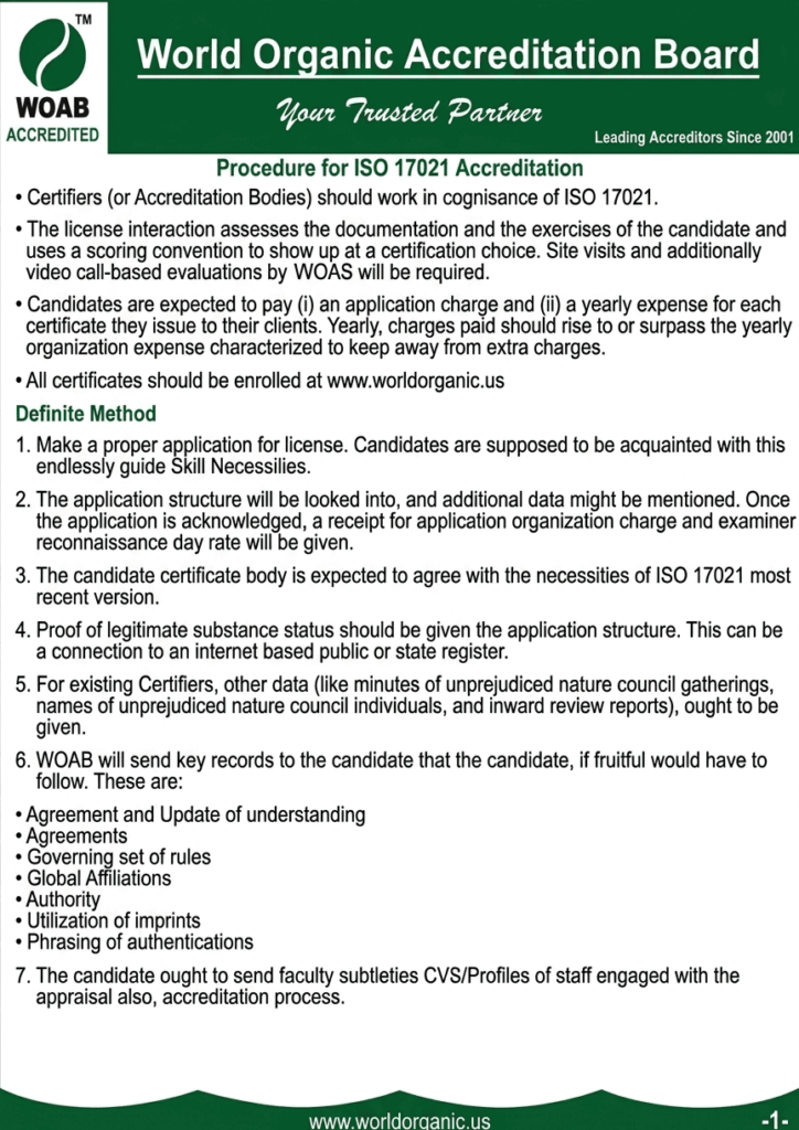 A formal document page from the World Organic Accreditation Board outlining the procedure and steps for ISO 17021 accreditation.