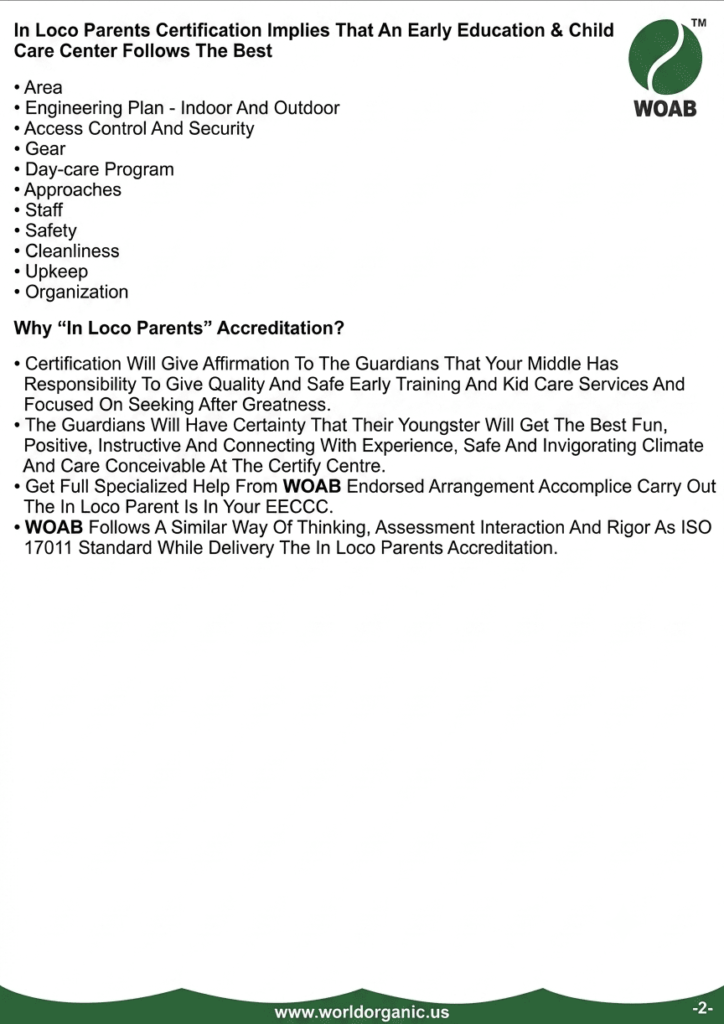 This is a textual document page with black serif text on a white background, divided into sections. The page features the dark green WOAB leaf logo in the upper right. It lists eleven requirements for child care centers, and four paragraphs explaining the benefits and rigor of the WOAB "In Loco Parents" accreditation. The footer is a dark green wavy band containing the website "www.worldorganic.us" and the page number "-2-".