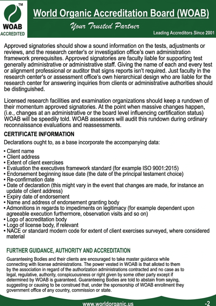 A document page on World Organic Accreditation Board (WOAB) letterhead detailing specific guidelines for research facilities, approved signatories, and certificate information.