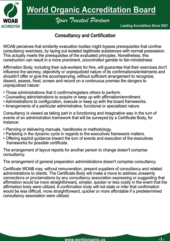 A formal document page from the World Organic Accreditation Board with a green header, outlining the guidelines, bullet points, and policies regarding consultancy and certification impartiality.