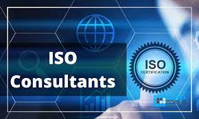 A digital graphic with a blue background featuring a network pattern, the text "ISO Consultants" on a dark banner, and a hand pointing toward an "ISO CERTIFICATION" badge graphic.