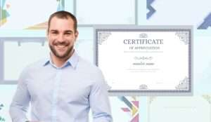 A smiling man in a light blue button-down shirt stands in front of a digital Certificate of Appreciation template.
